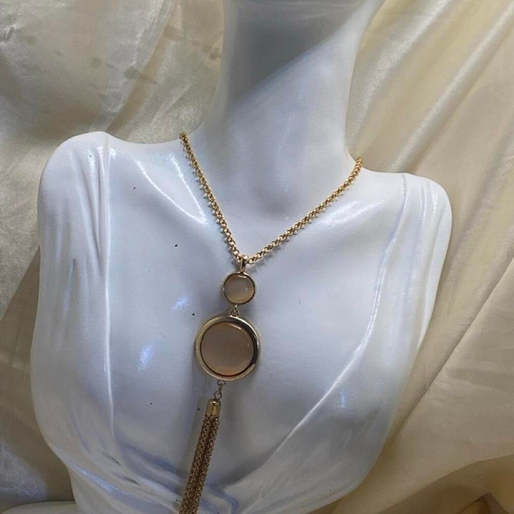 Vintage 1970s Gold Tone Long Tassel Necklace Smoky Lucite Pendant Boho Retro